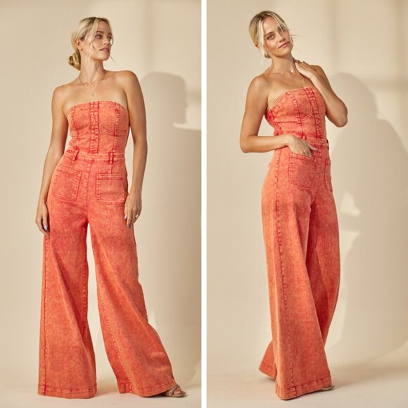 RED ORANGE STRAPLESS MINERAL WASH WIDE LEG DENIM JUMPSUIT🤠 - Picture 1 of 6